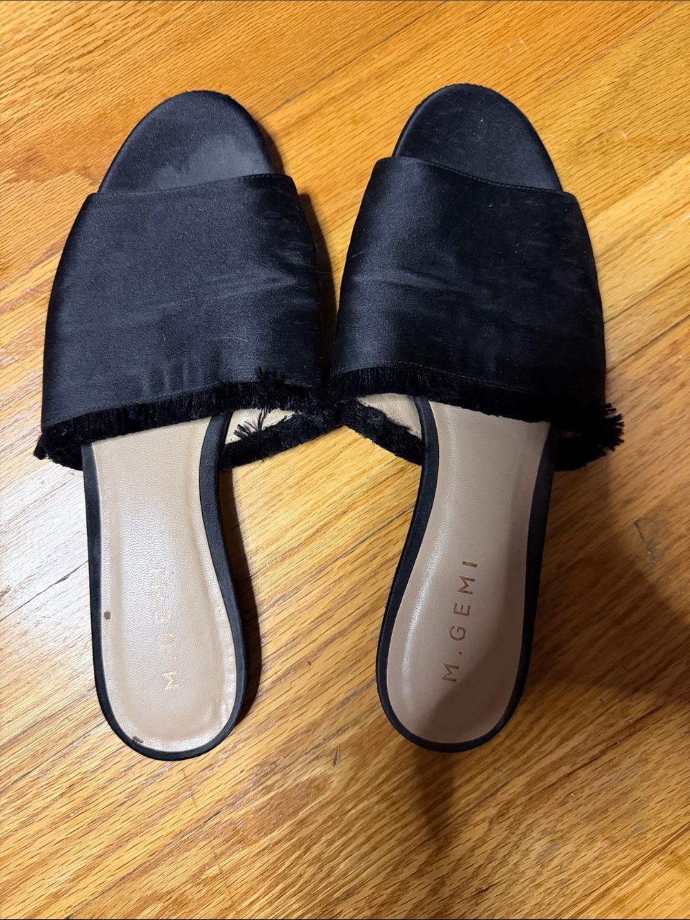 M. Gemi Black Satin Fringe Slide Mules